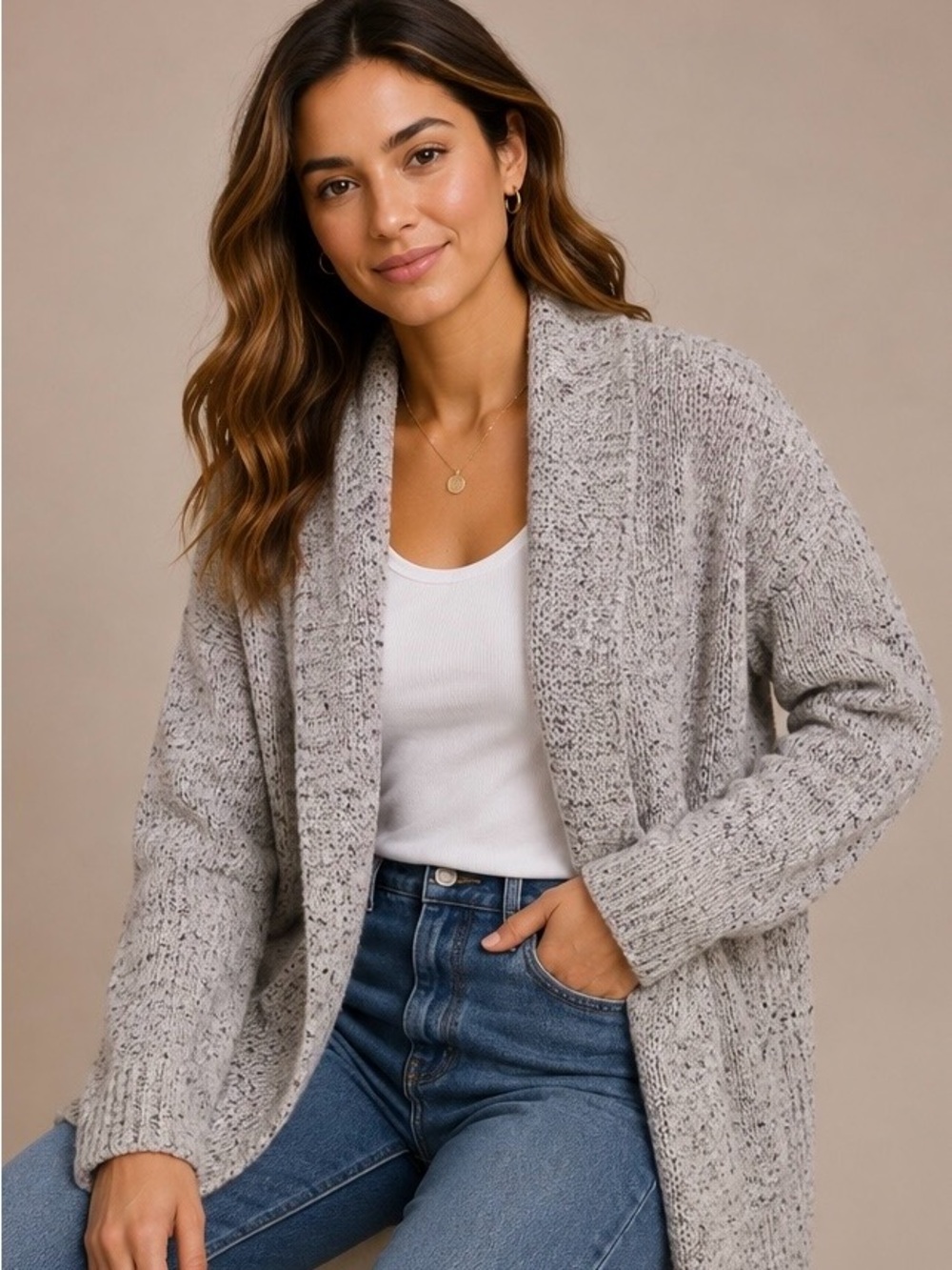 Reitmans Speckled Knit Open Cardigan - Gray and Purple